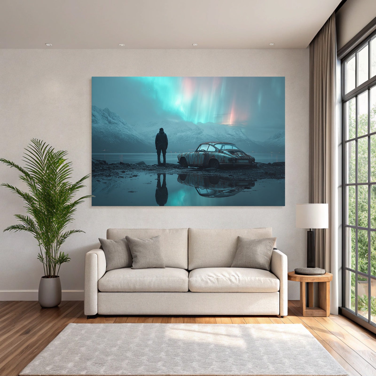 Polarlicht Ruhige Landschaft Aurora Borealis Auto Am Wasser | Fjorde und Gletscher | Landschaften