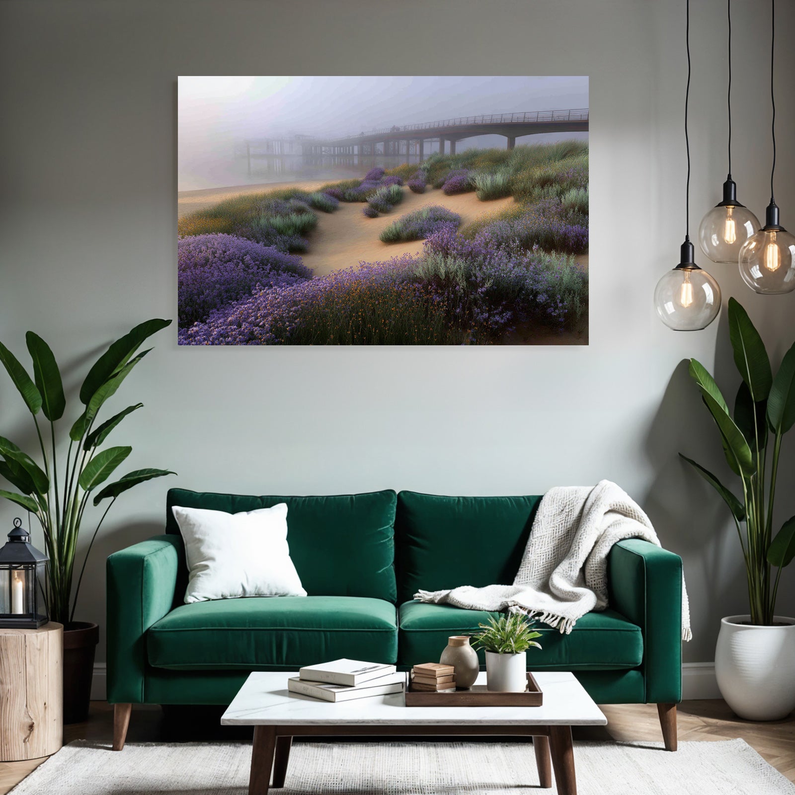 Friedliche Landschaft Mit Pier Und Nebel Mit Lila Blumen | Duenen und Heide | Landschaften