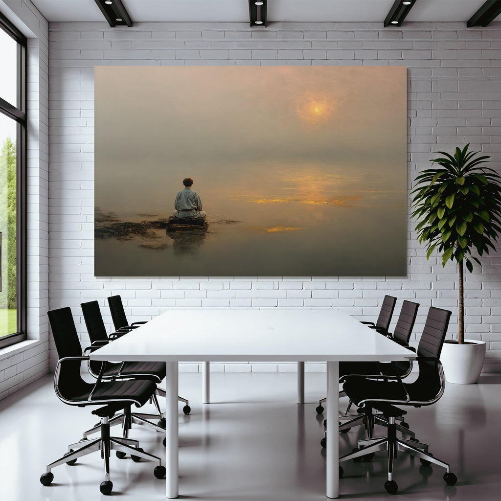 Yoga Meditation Friedliche Szene Person Am Stein Im Nebel Bei Wasser Horizont Ruhiger Moment | Yoga und Meditation | Themen und Hobbys