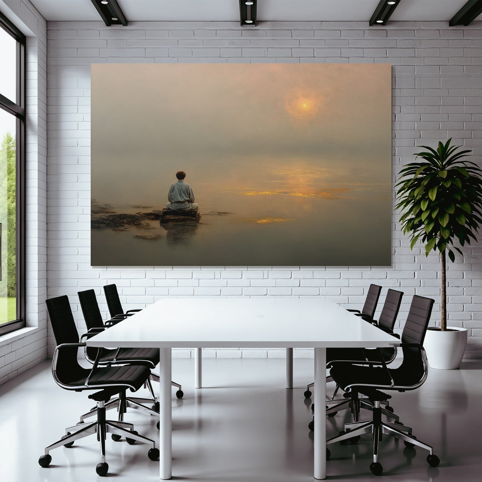 Yoga Meditation Friedliche Szene Person Am Stein Im Nebel Bei Wasser Horizont Ruhiger Moment | Yoga und Meditation | Themen und Hobbys