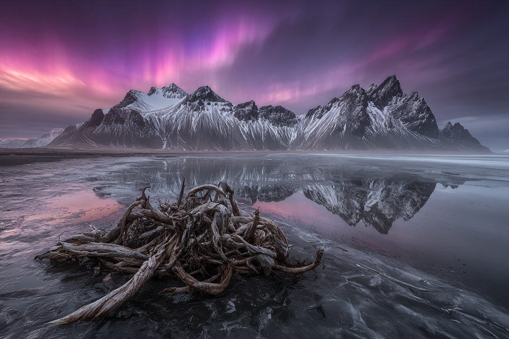 Polarlicht Schneebedeckte Berge Reflexion Im Wasser Atemberaubende Landschaft Sonnenaufgang Sonnenuntergang | Fjorde und Gletscher | Landschaften
