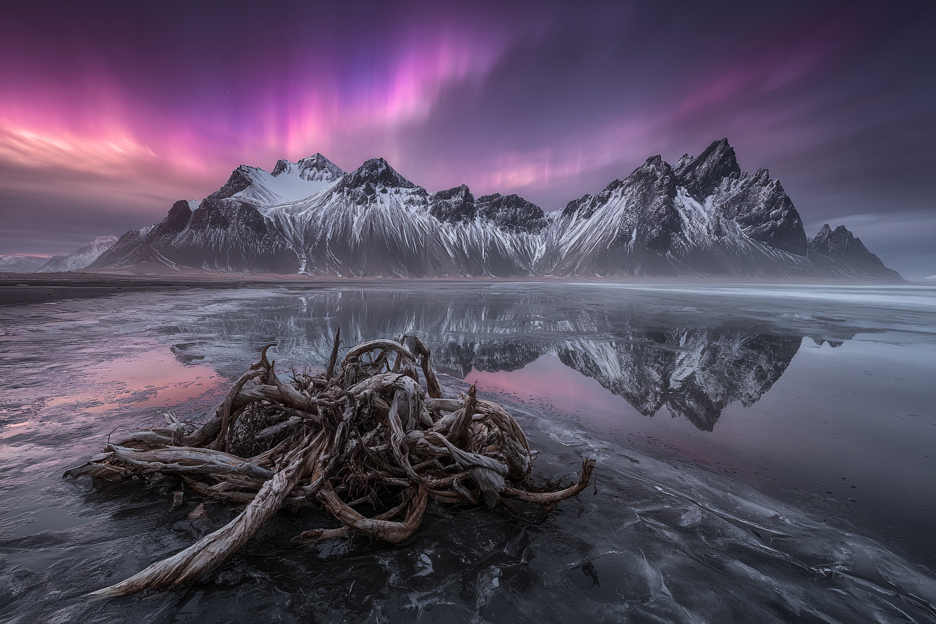 Polarlicht Schneebedeckte Berge Reflexion Im Wasser Atemberaubende Landschaft Sonnenaufgang Sonnenuntergang | Fjorde und Gletscher | Landschaften
