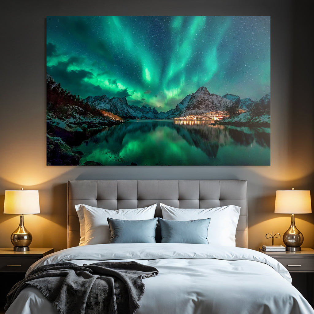 Polarlicht Nordlichter Bergreise Und Sternenhimmel Reflexion Auf Wasser | Fjorde und Gletscher | Landschaften