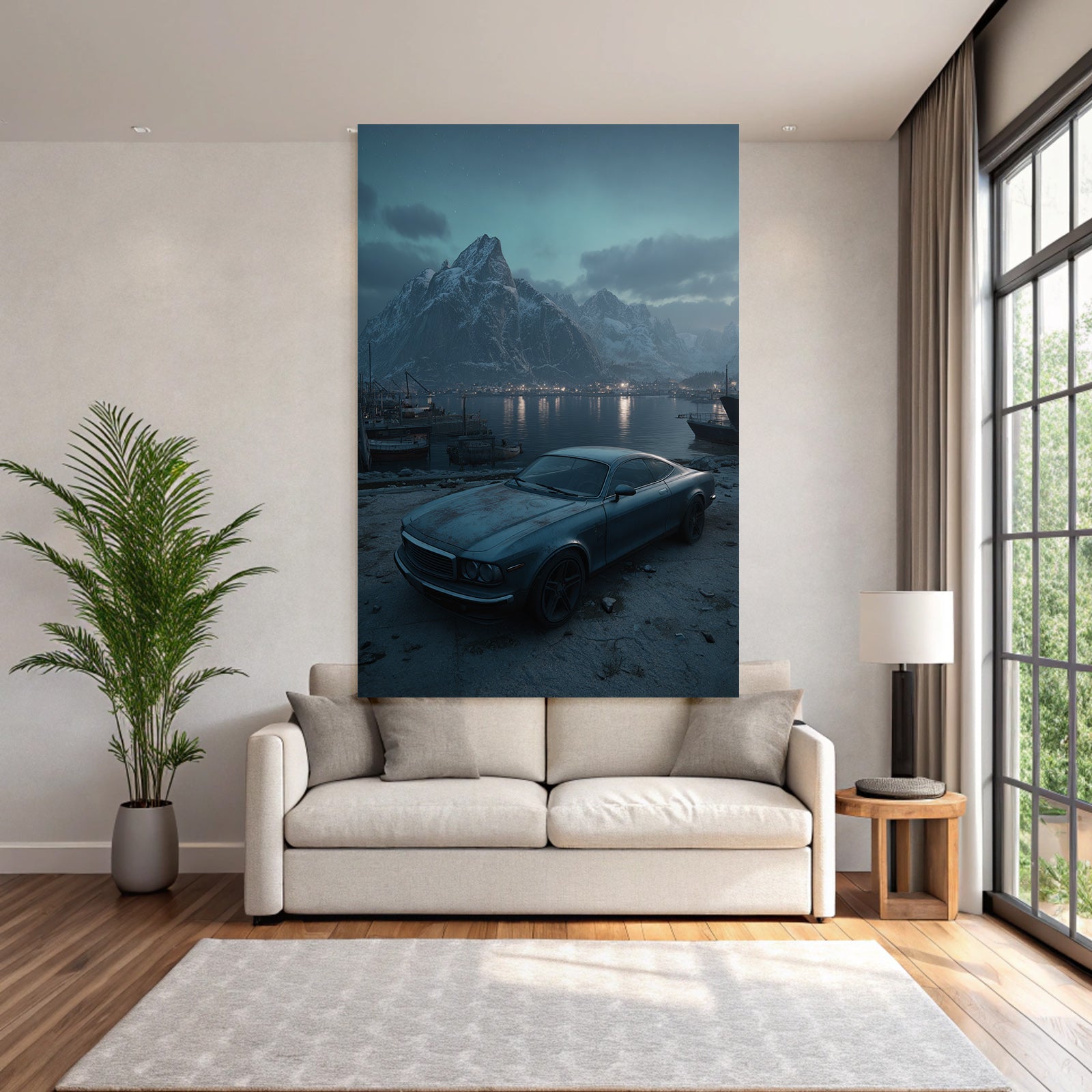 Polarlicht Vintage Auto Hafen Hintergrund Schneebedeckte Berge Sonnenuntergang | Fjorde und Gletscher | Landschaften
