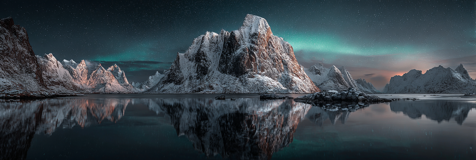 Polarlicht Schneebedeckte Berge Reflektiert In Still Gewässer Nachts Himmel Aurora Borealis | Fjorde und Gletscher | Landschaften