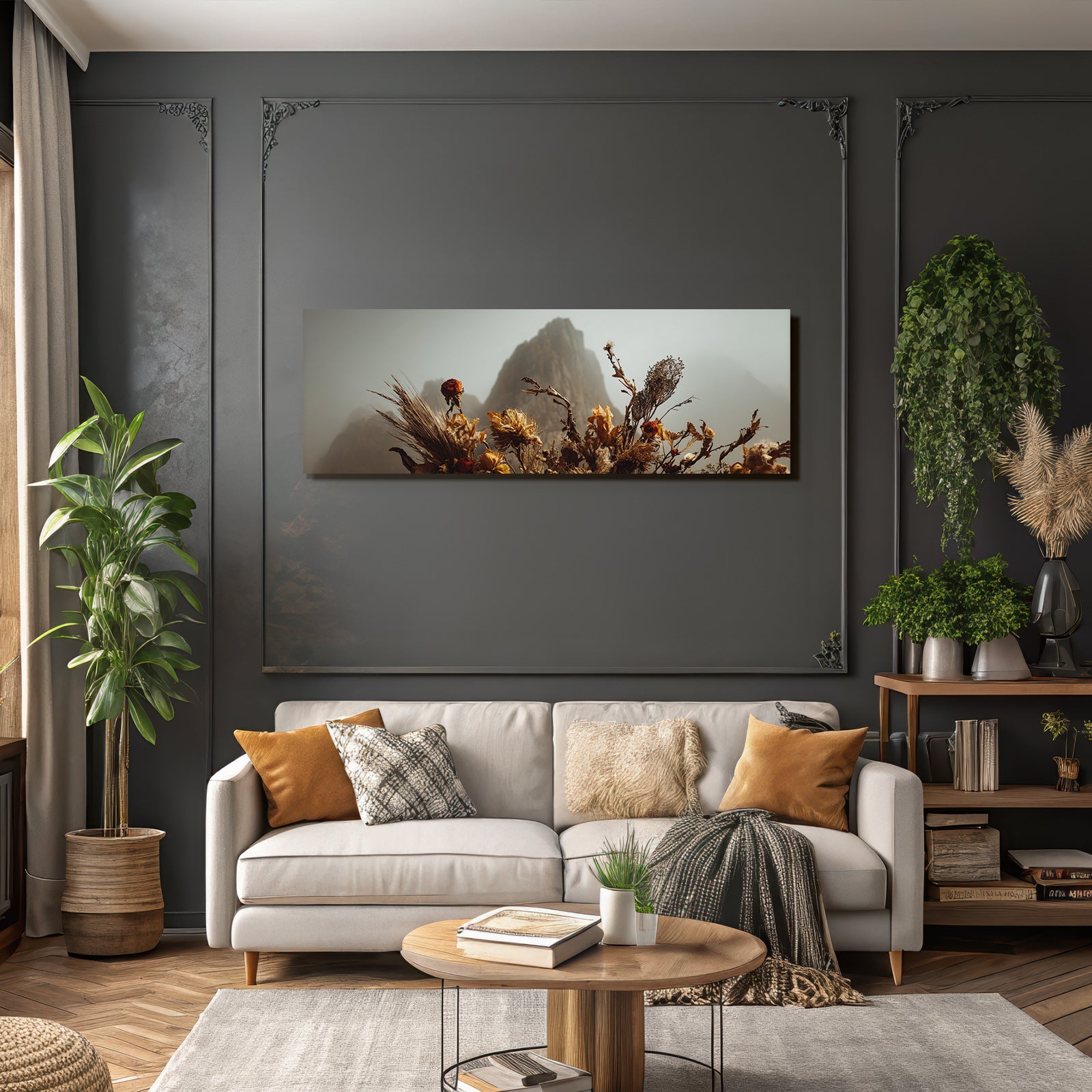 Trocken Retro Flowers Getrocknete Mit Montanlandschaft Im Hintergrund