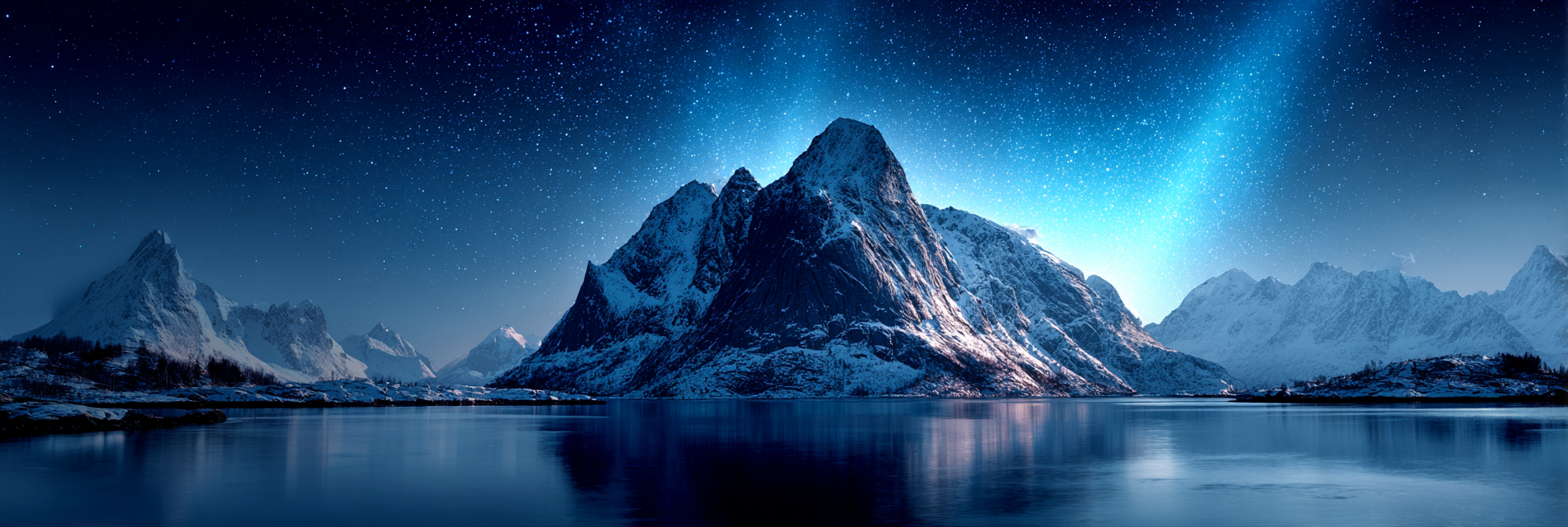 Polarlicht Beruhigende Berglanschaft Unter Sternenhimmel Mit Reflektierender Wasseroberfläche | Fjorde und Gletscher | Landschaften