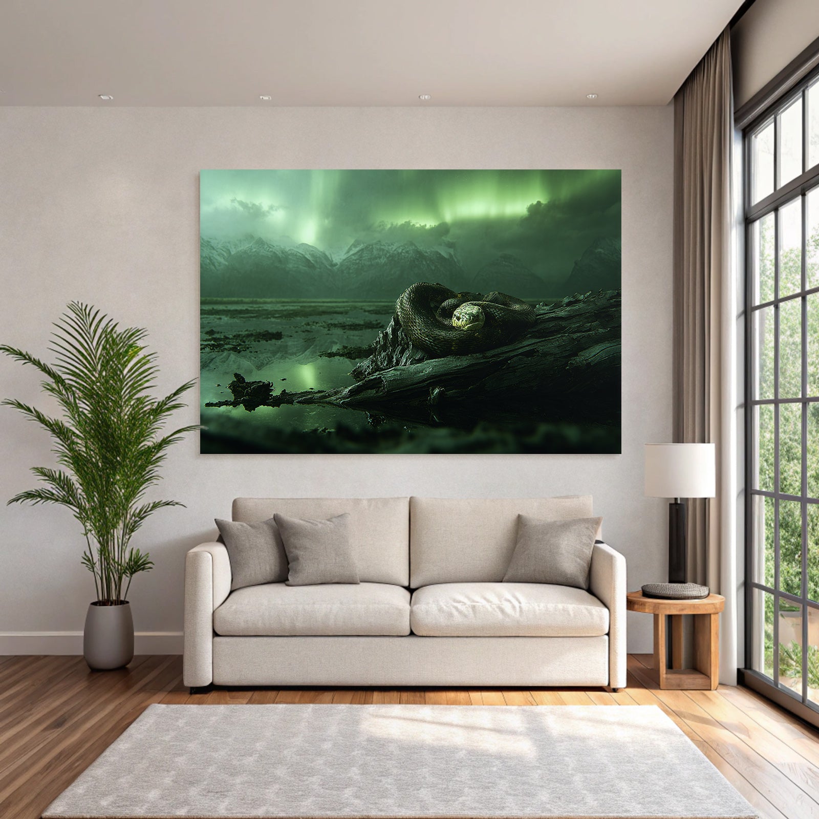 Polarlicht Grosser Schlange Um Driftwood Mit Grüner Aurora Im Hintergrund | Fjorde und Gletscher | Landschaften