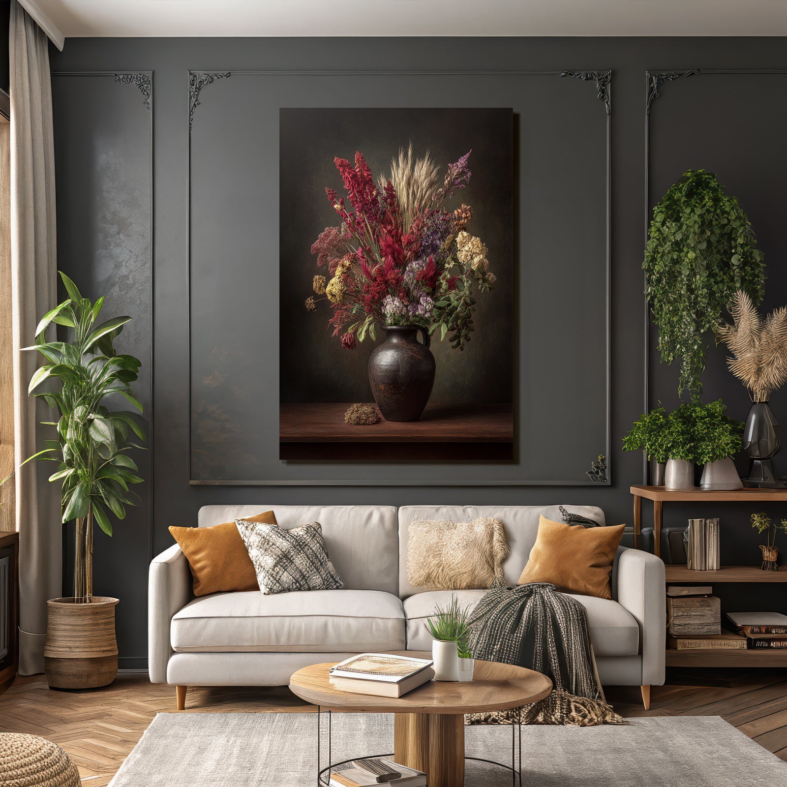Trocken Retro Flowers Dried Flower Bouqüt In Rustic Black Vase Mit Farbenfrohen