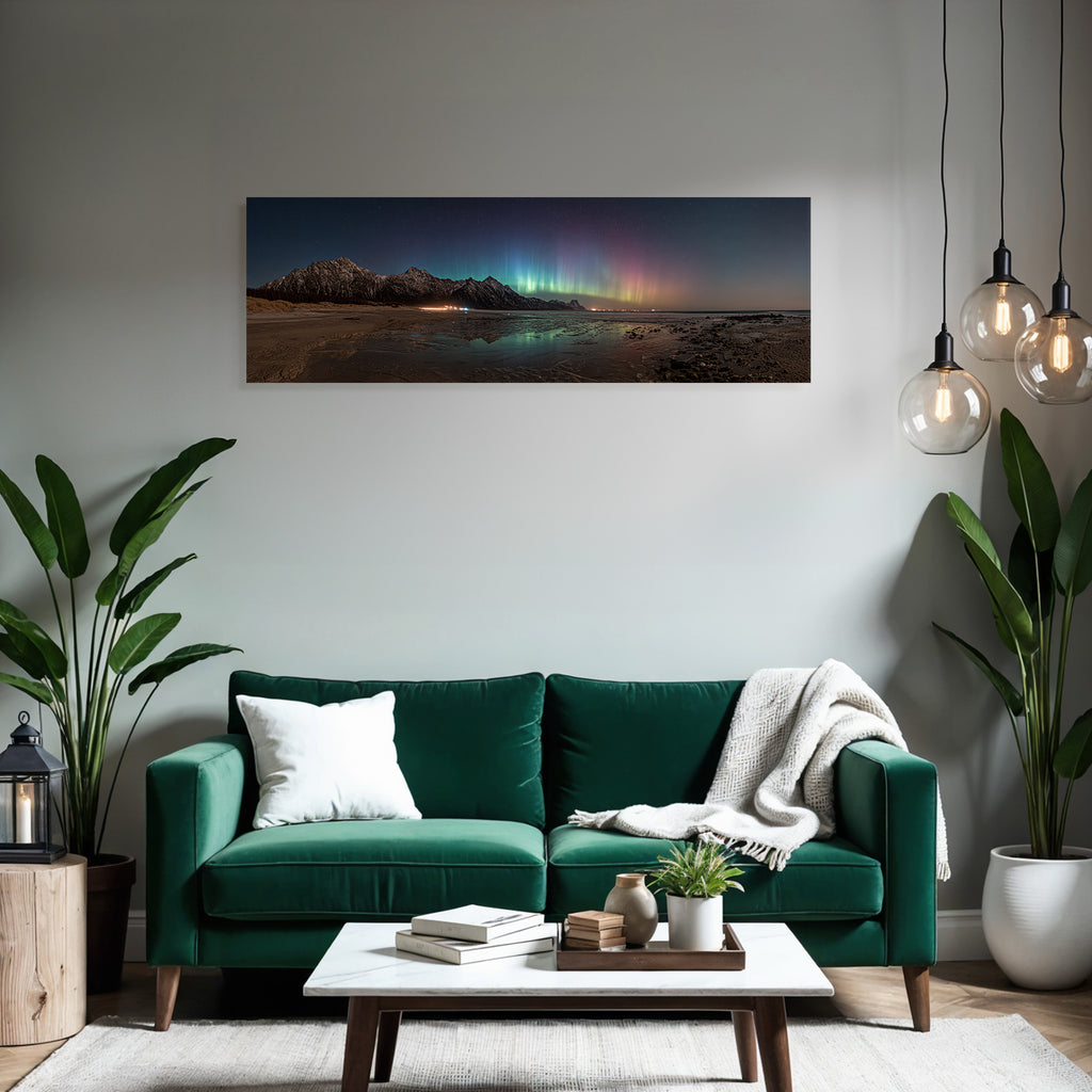 Polarlicht Panoramablick Berge Strand Nacht Himmelsaura Borealis | Fjorde und Gletscher | Landschaften