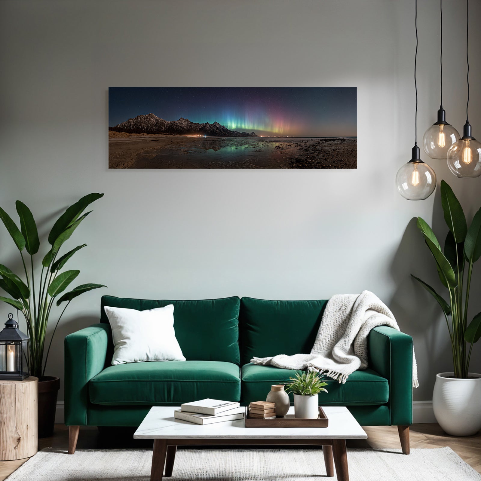 Polarlicht Panoramablick Berge Strand Nacht Himmelsaura Borealis | Fjorde und Gletscher | Landschaften