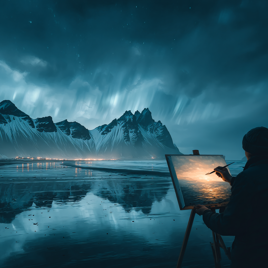 Polarlicht Majestatische Berge Mit Künstler In Der Natur | Fjorde und Gletscher | Landschaften