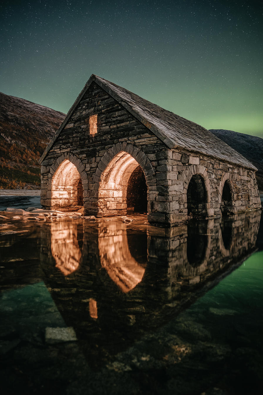 Polarlicht Steinbau Im Wasser Nachtsternhimmel Nordlichter Berglandschaft | Fjorde und Gletscher | Landschaften