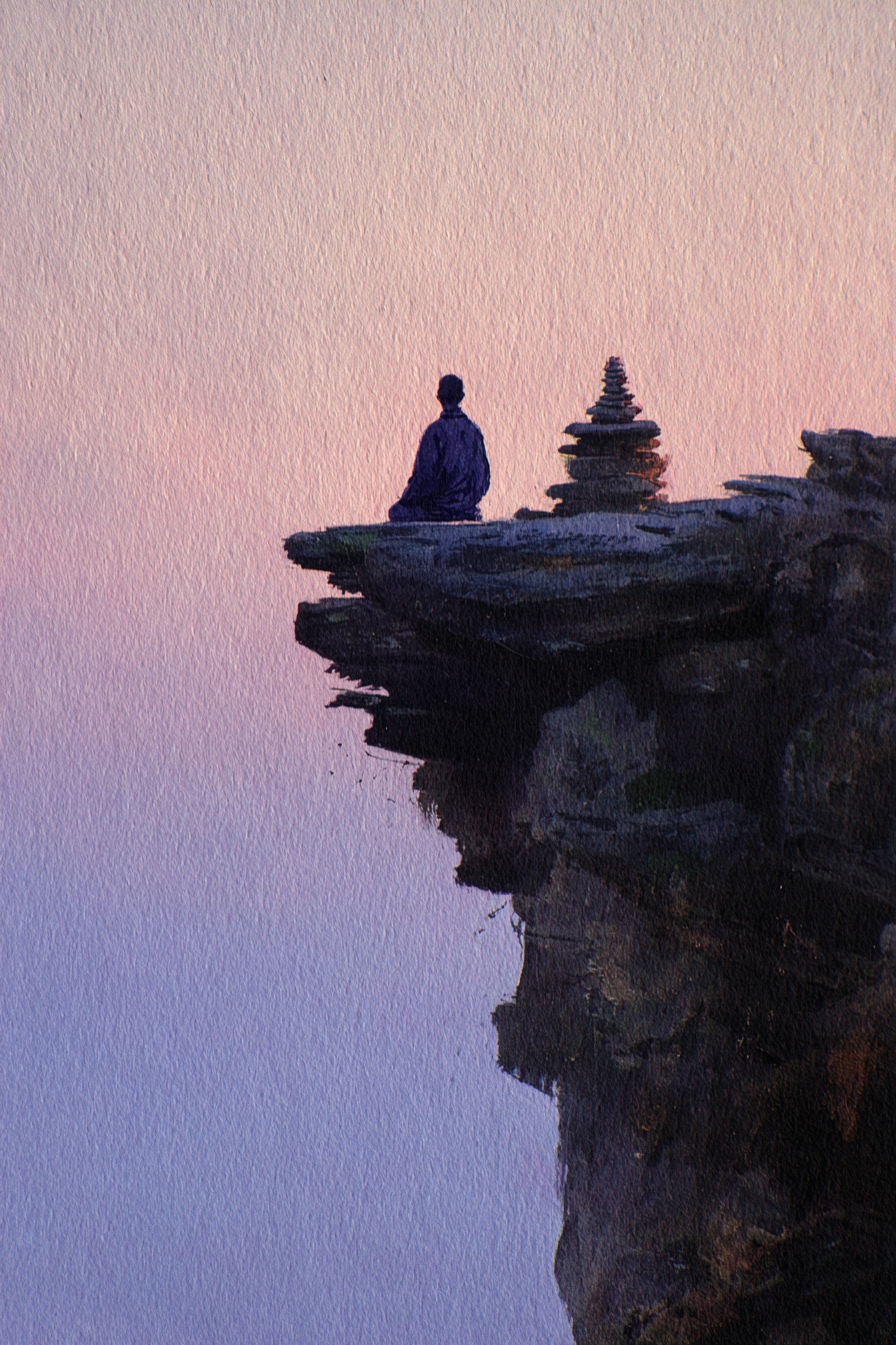 Yoga Meditation Friedliche Landschaft Figur Am Klippenrand Mit Monument Dämmerung | Yoga und Meditation | Themen und Hobbys