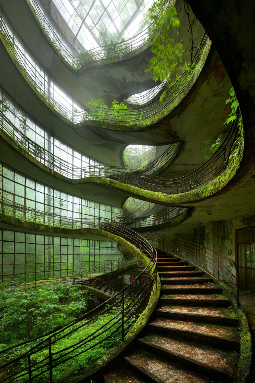 Verlassene Innenaufnahme Spiralstiege Mit Grünem Wuchs Und Naturlicht | Lost Places | Architektur