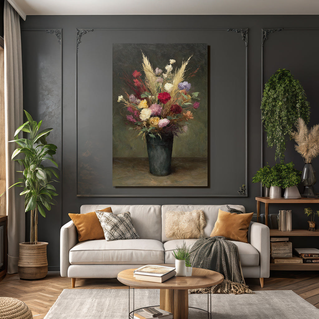 Trocken Retro Flowers Stille Leben Mit Im Dunkelgrünen Vase