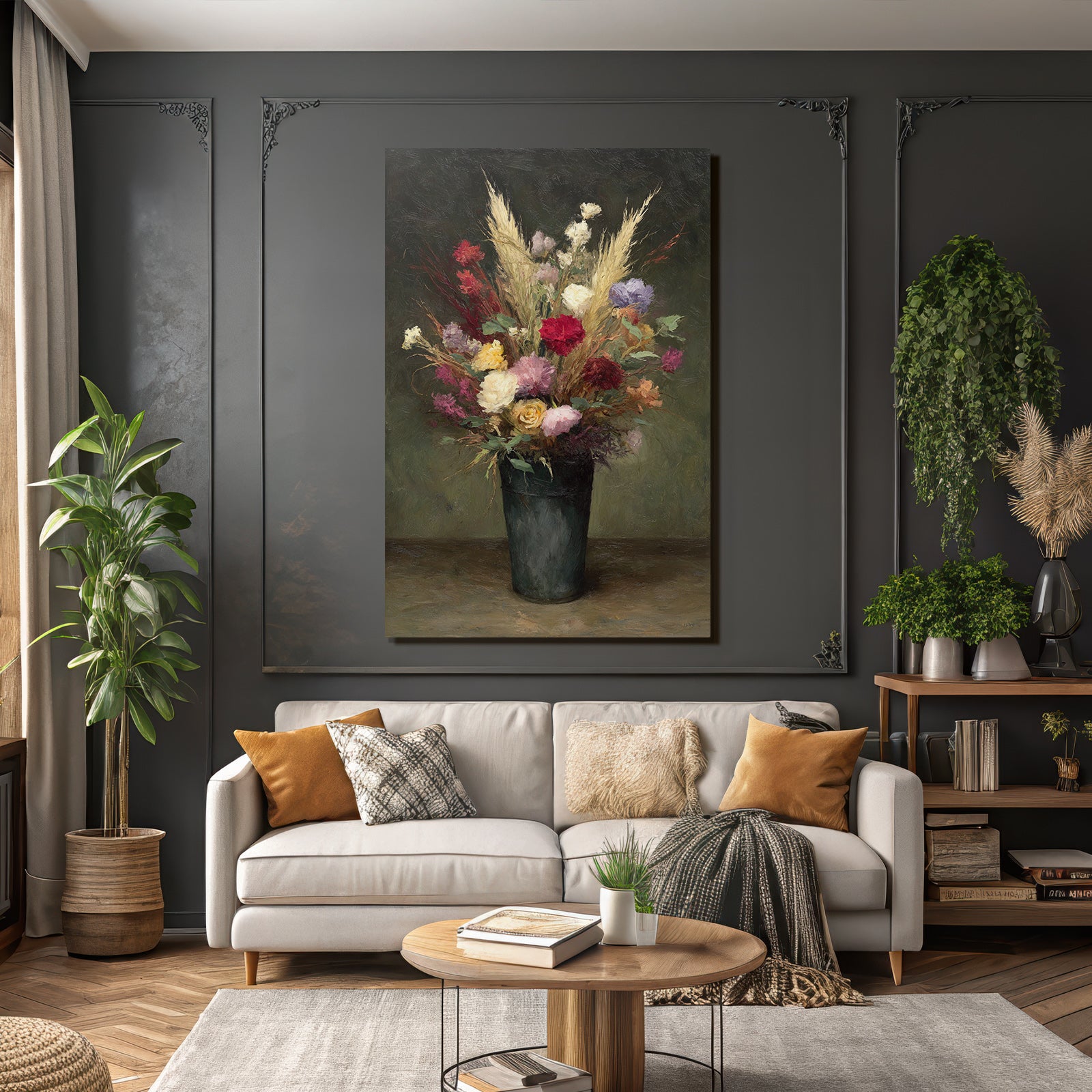 Trocken Retro Flowers Stille Leben Mit Im Dunkelgrünen Vase