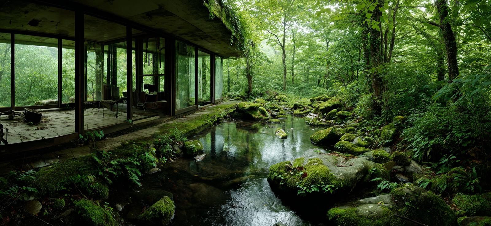 Ruhige Überwachsene Umgebung Glasgebaeude Umgeben Von Grünem Bewuchs | Lost Places | Architektur