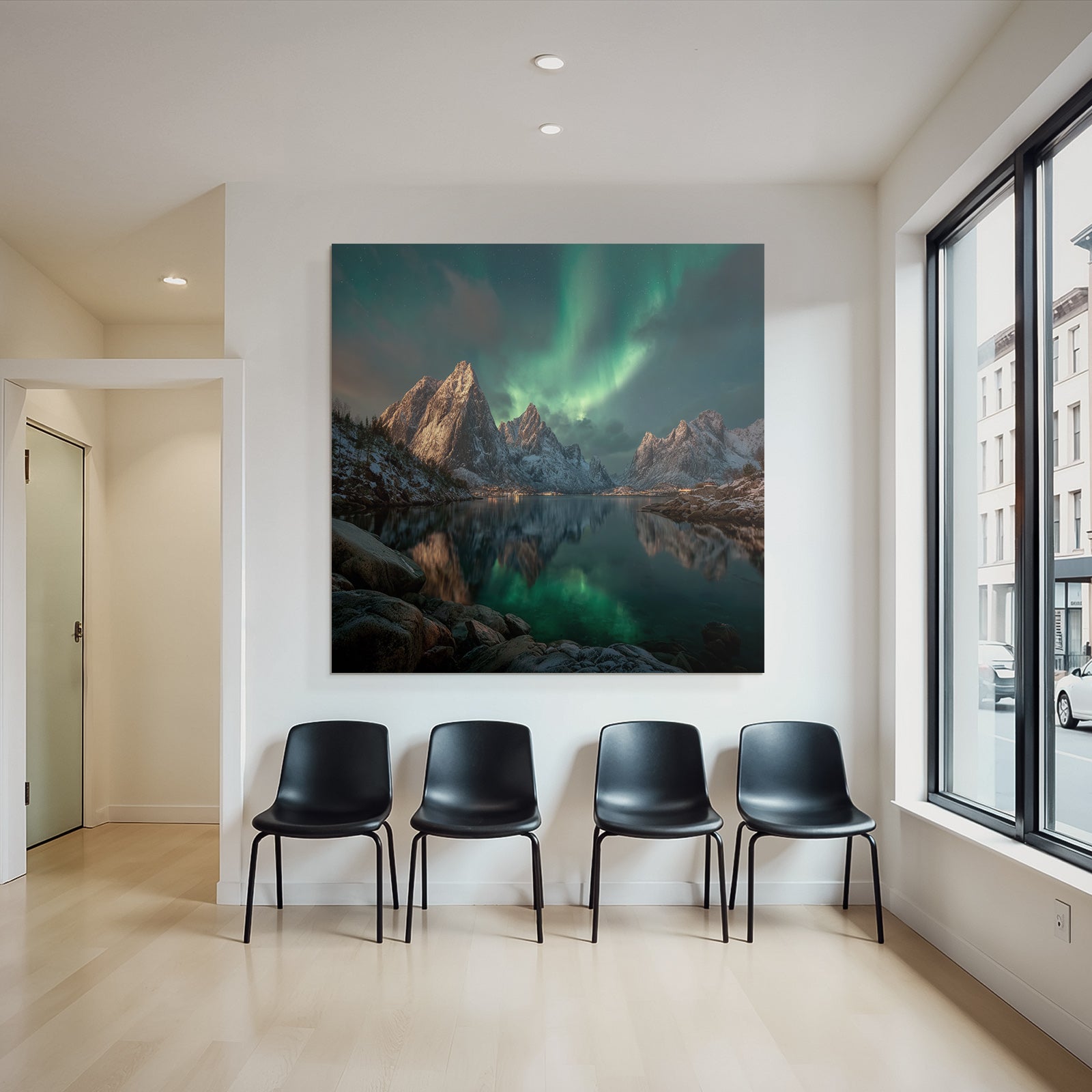 Polarlicht Schneebedeckte Berge Nordlichter Spiegelung Wasser Nachtlandschaft | Fjorde und Gletscher | Landschaften