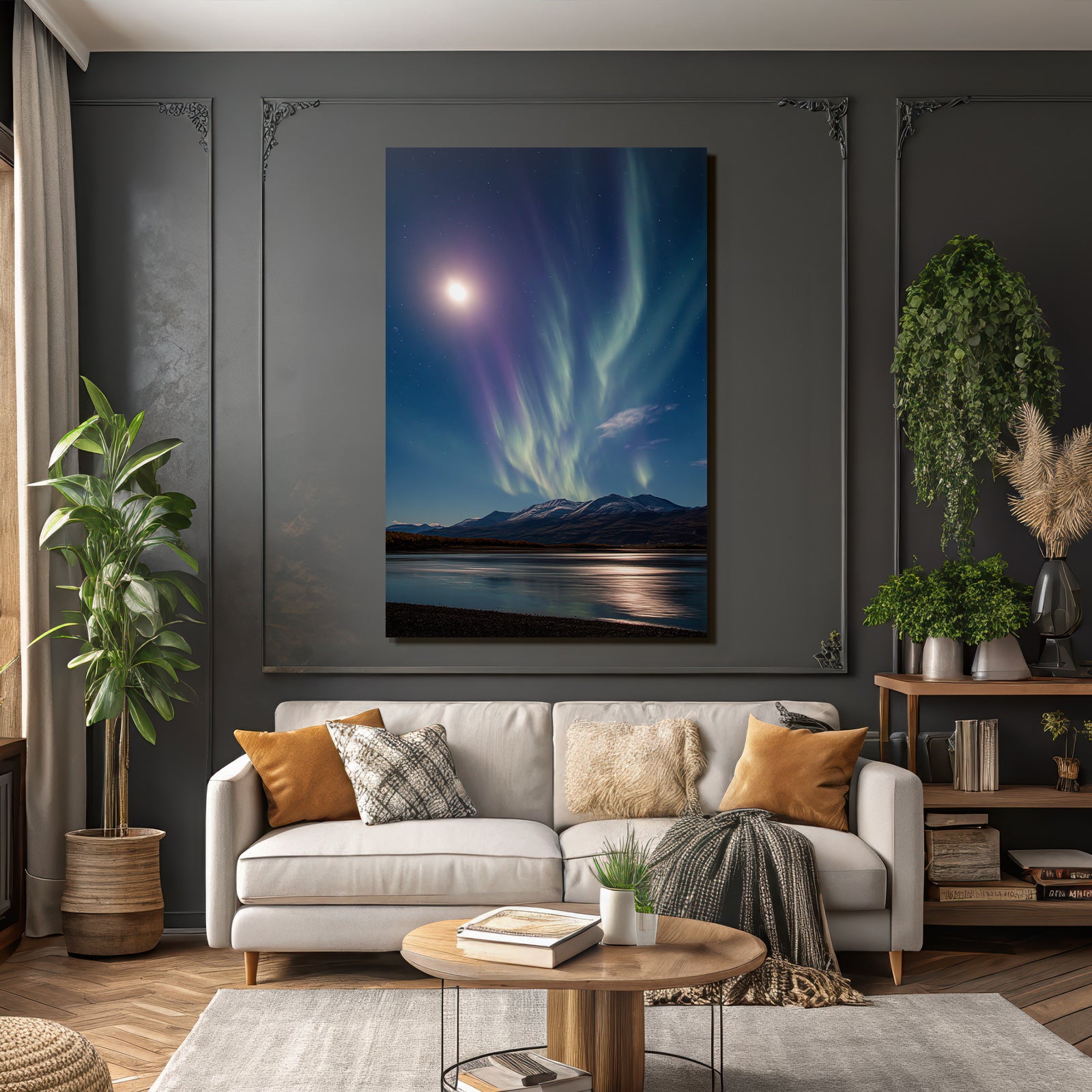 Polarlicht Aurora Borealis Mit Mond Und Berge Reflektiertes Wasser Nachtsky | Fjorde und Gletscher | Landschaften