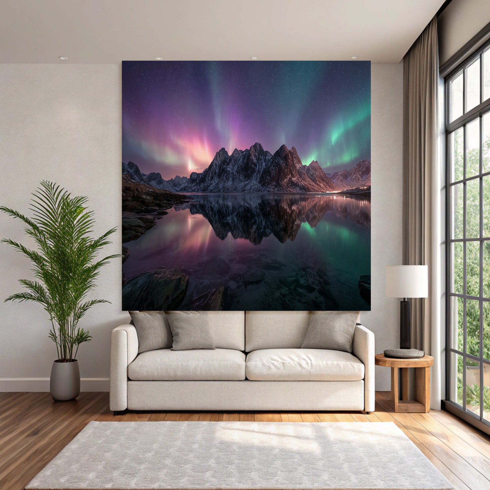 Polarlicht Schöne Naturlandschaft See Umgeben Von Schneebedeckten Bergen Aurora Nacht | Fjorde und Gletscher | Landschaften