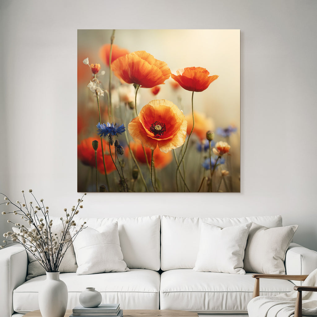 Lebhafte Wiese Mit Orangen Mohn Und Blaün Korn