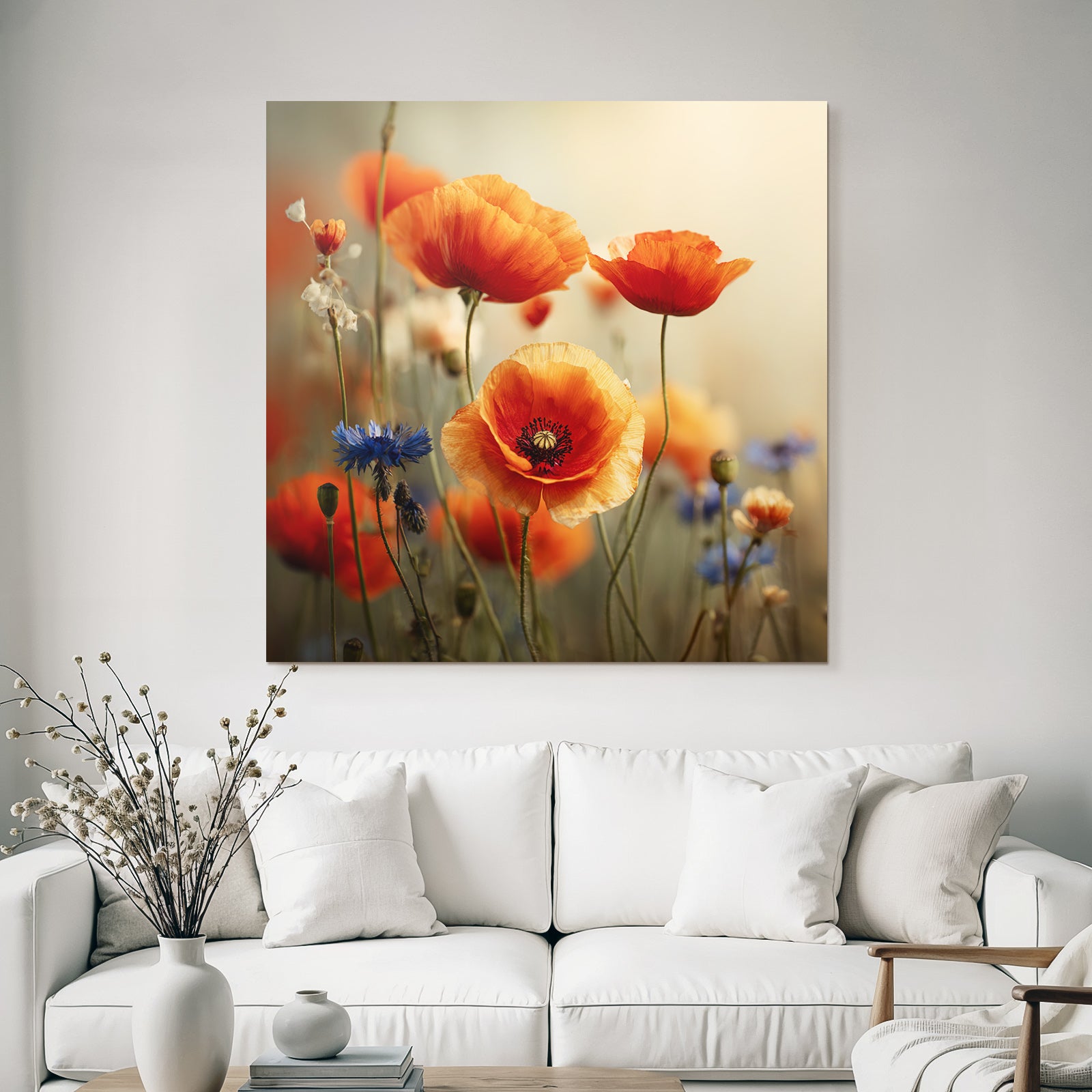 Lebhafte Wiese Mit Orangen Mohn Und Blaün Korn