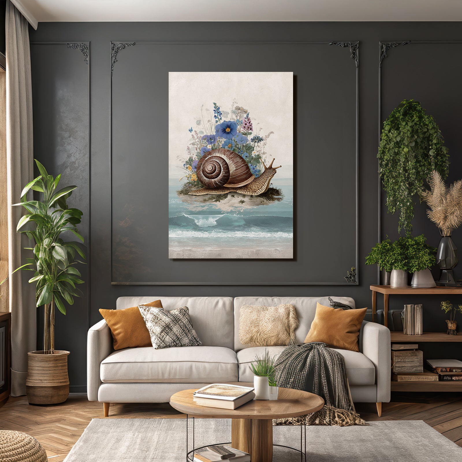 Grosse Schnecke Am Strand Umgeben Von Bunten Und Wellen Im Hintergrund