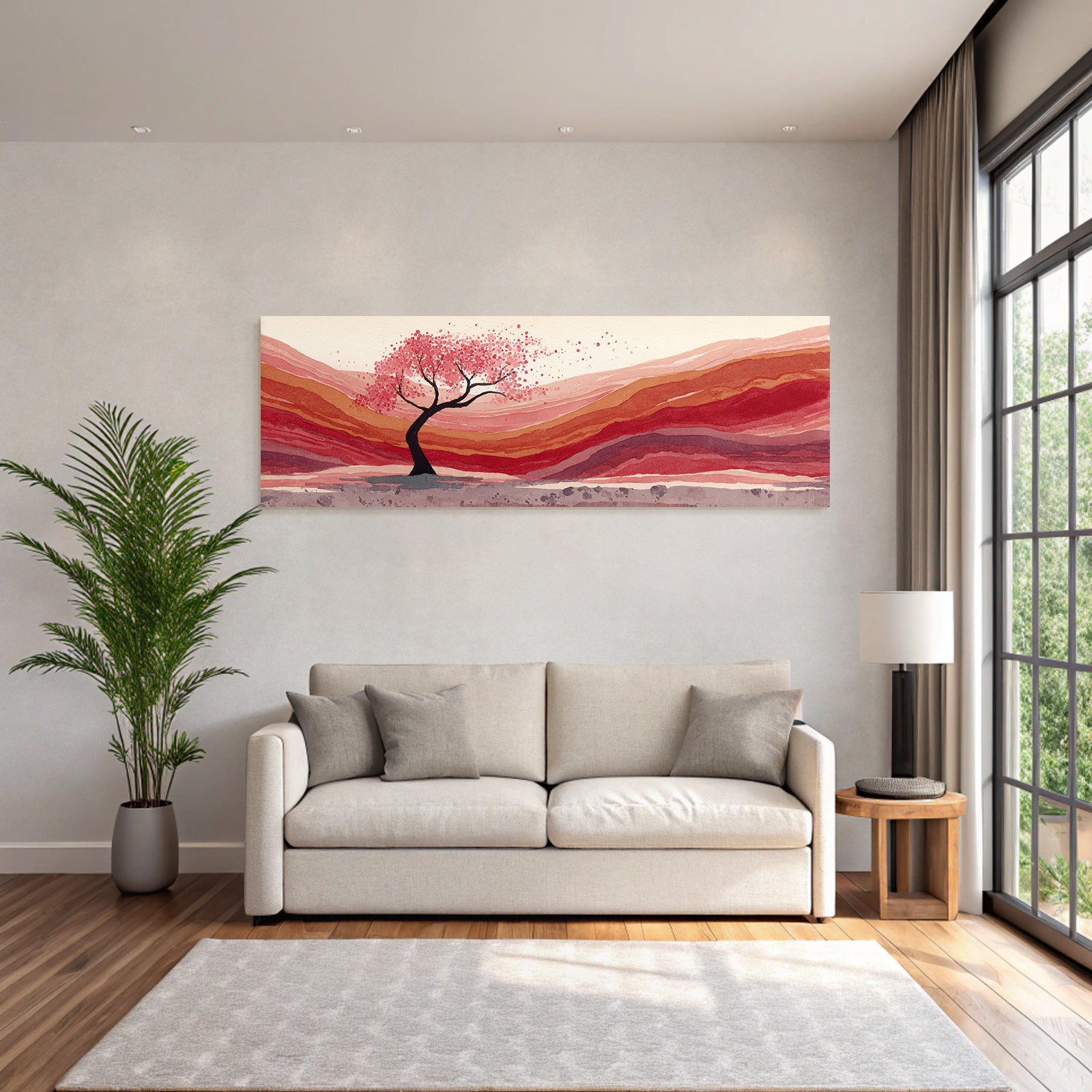Wasserfarbenlandschaft Mit Kirschblütenbaum Und Rollenden Hügeln