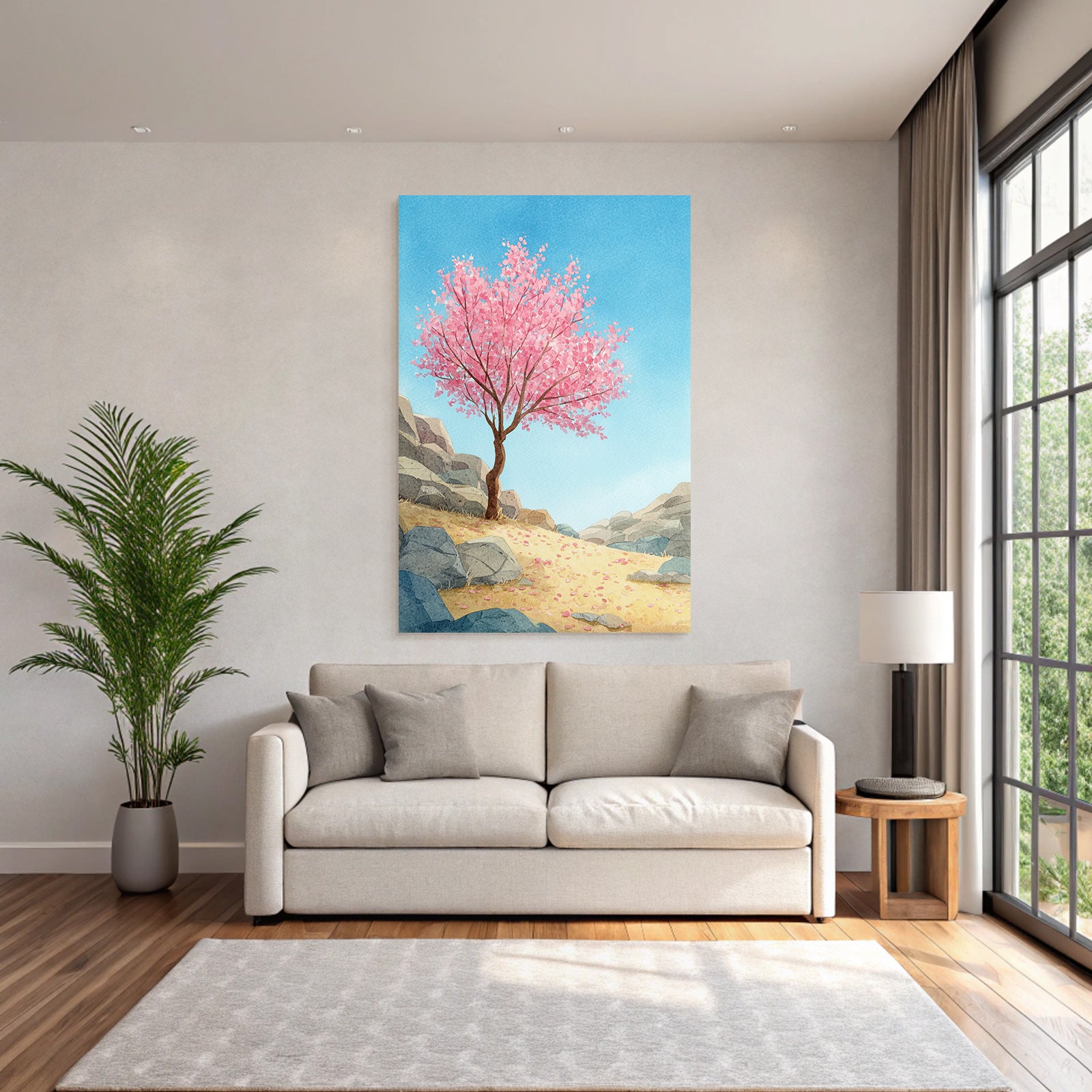 Kirschblütenbaum Landschaft Mit Felsen Und Sand Im Aquarellstil