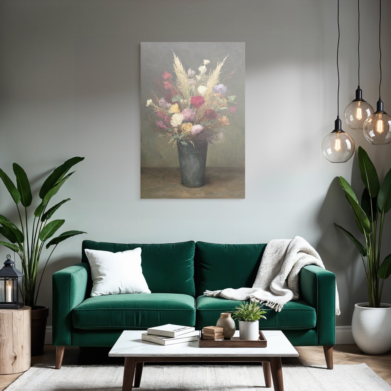 Trocken Retro Flowers Stille Leben Mit Im Dunkelgrünen Vase
