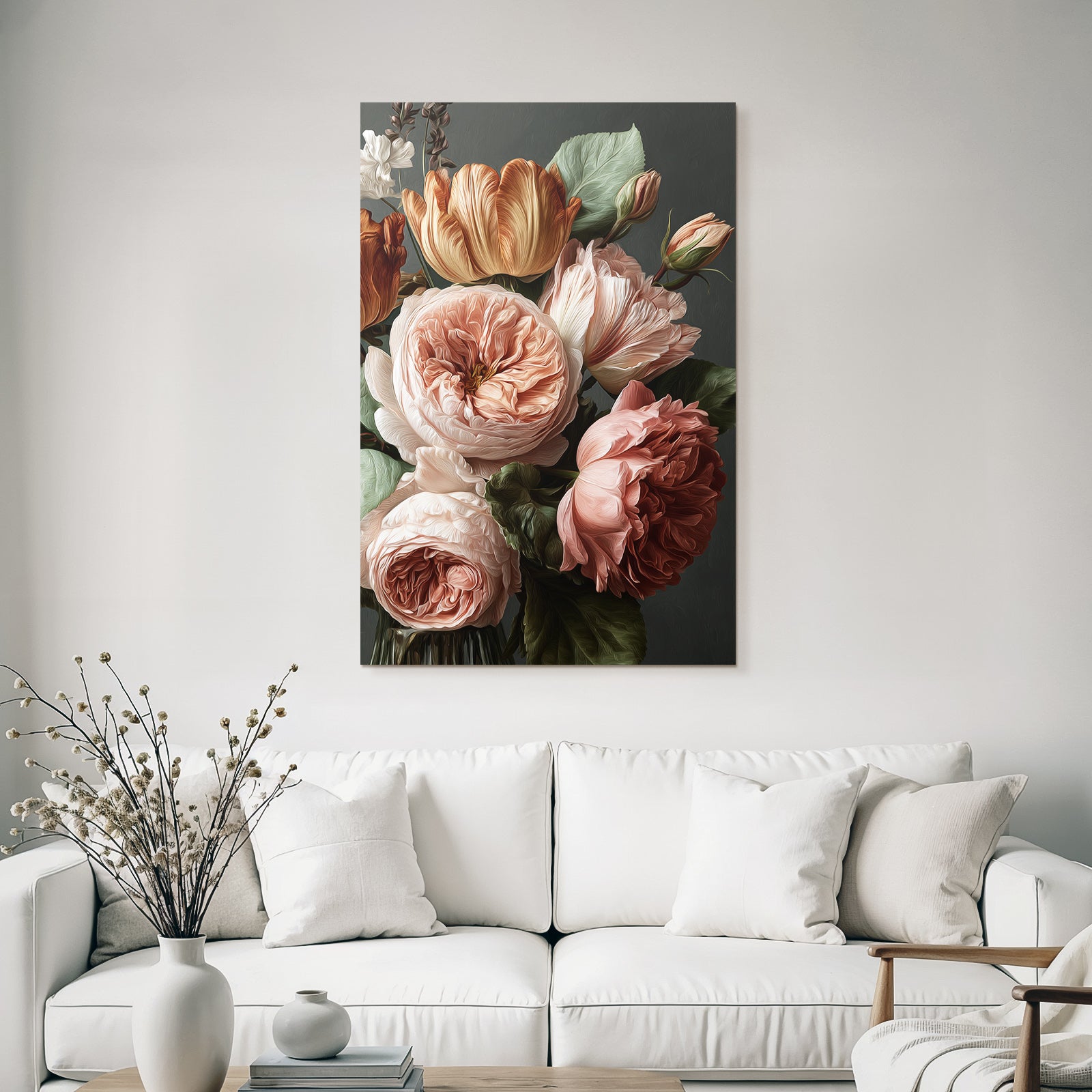 Warmes Rosen Und Tulpen Bouqüt Vor Dunklem Hintergrund