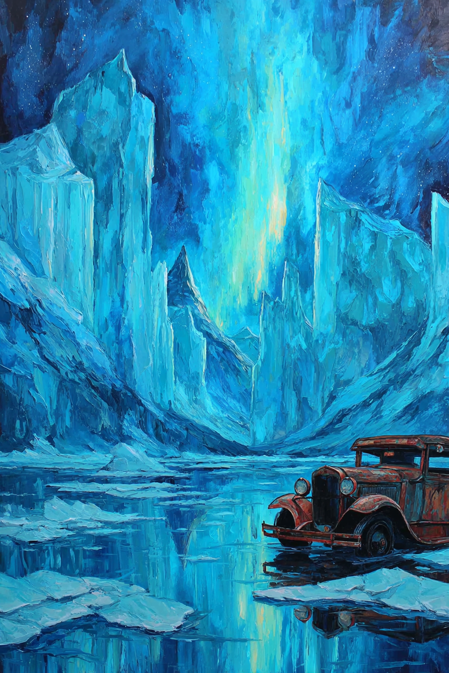 Polarlicht Dramatische Landschaft Mit Eisblaün Tonen Und Vintage Auto | Fjorde und Gletscher | Landschaften