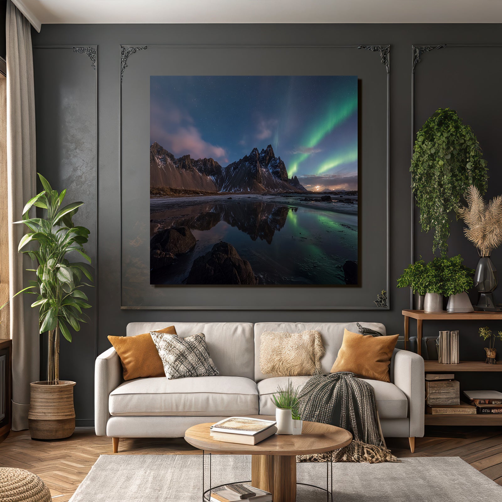Polarlicht Atemberaubende Naturlandschaft Mit Bergen Und Nordlichtern Reflektion Im Wasser | Fjorde und Gletscher | Landschaften