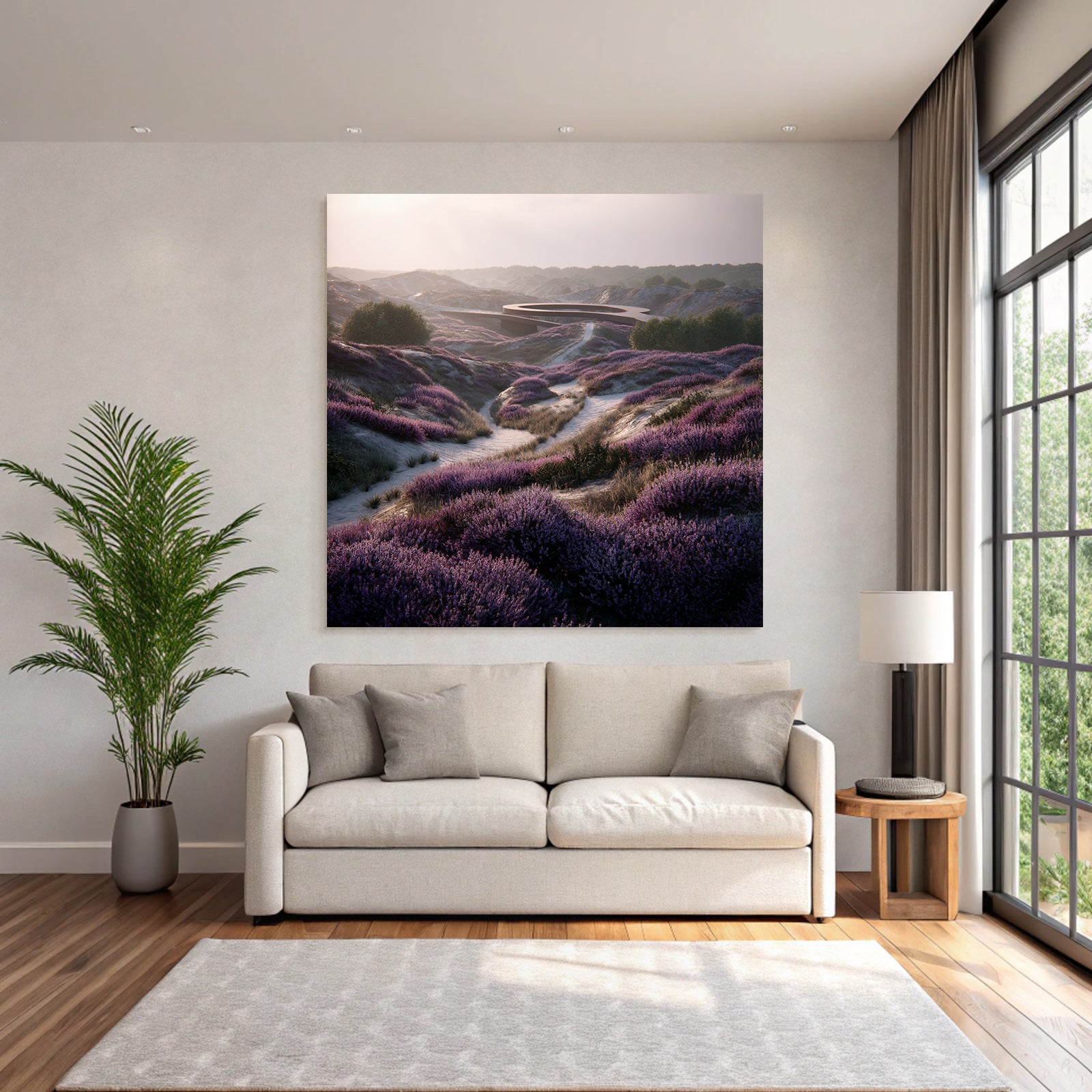 Landschaft Mit Heideblumen Modernen Architektur Dawn Dusk | Duenen und Heide | Landschaften