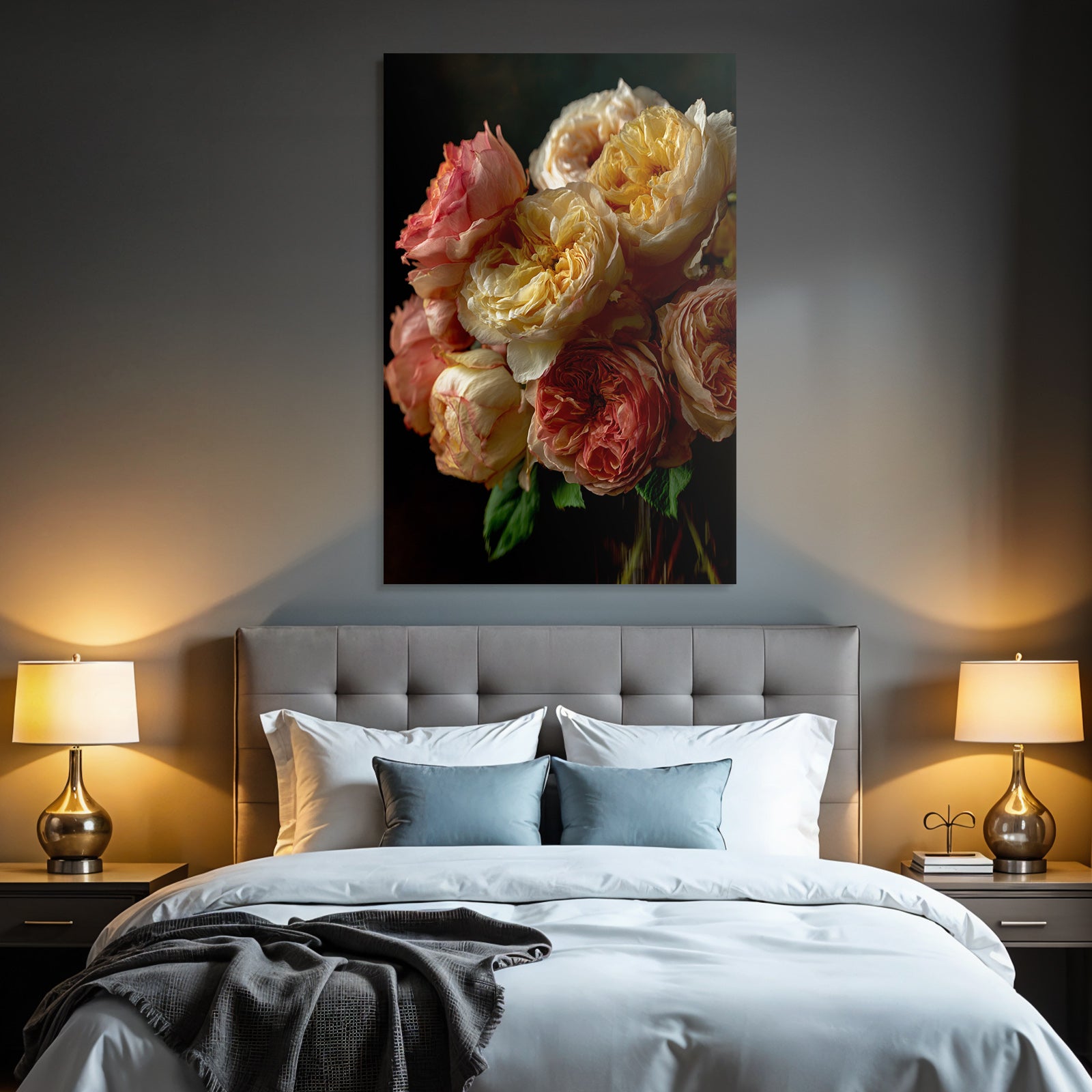 Nahaufnahme Eines Rosenstrausses In Pastellrosa Creme Und Gelb Auf Dunklem Hintergrund
