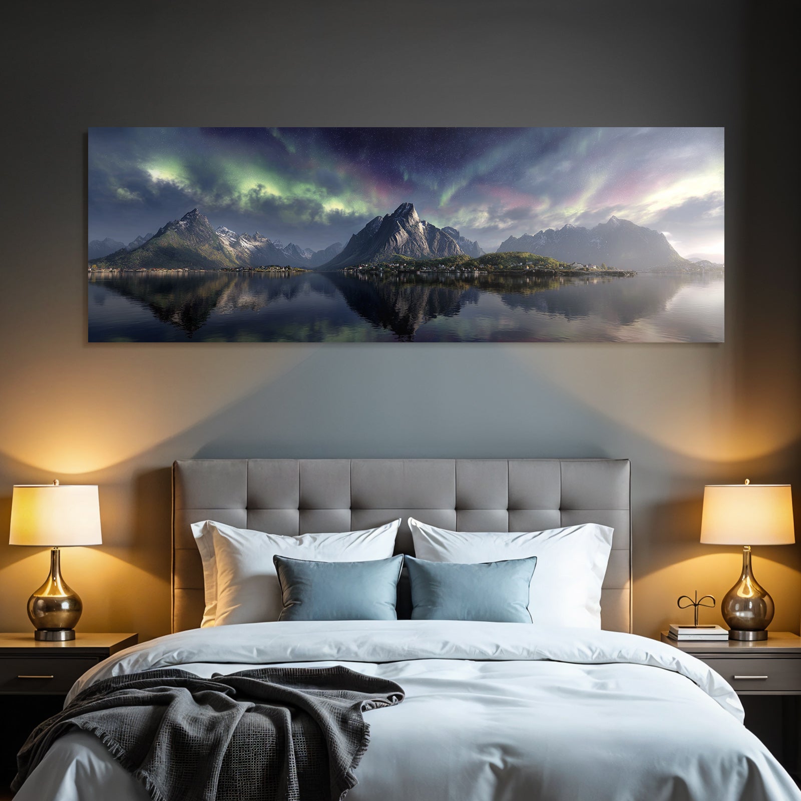 Polarlicht Atemberaubende Berglandschaft Spiegelung Wasser Nordlichter Norwegen | Fjorde und Gletscher | Landschaften