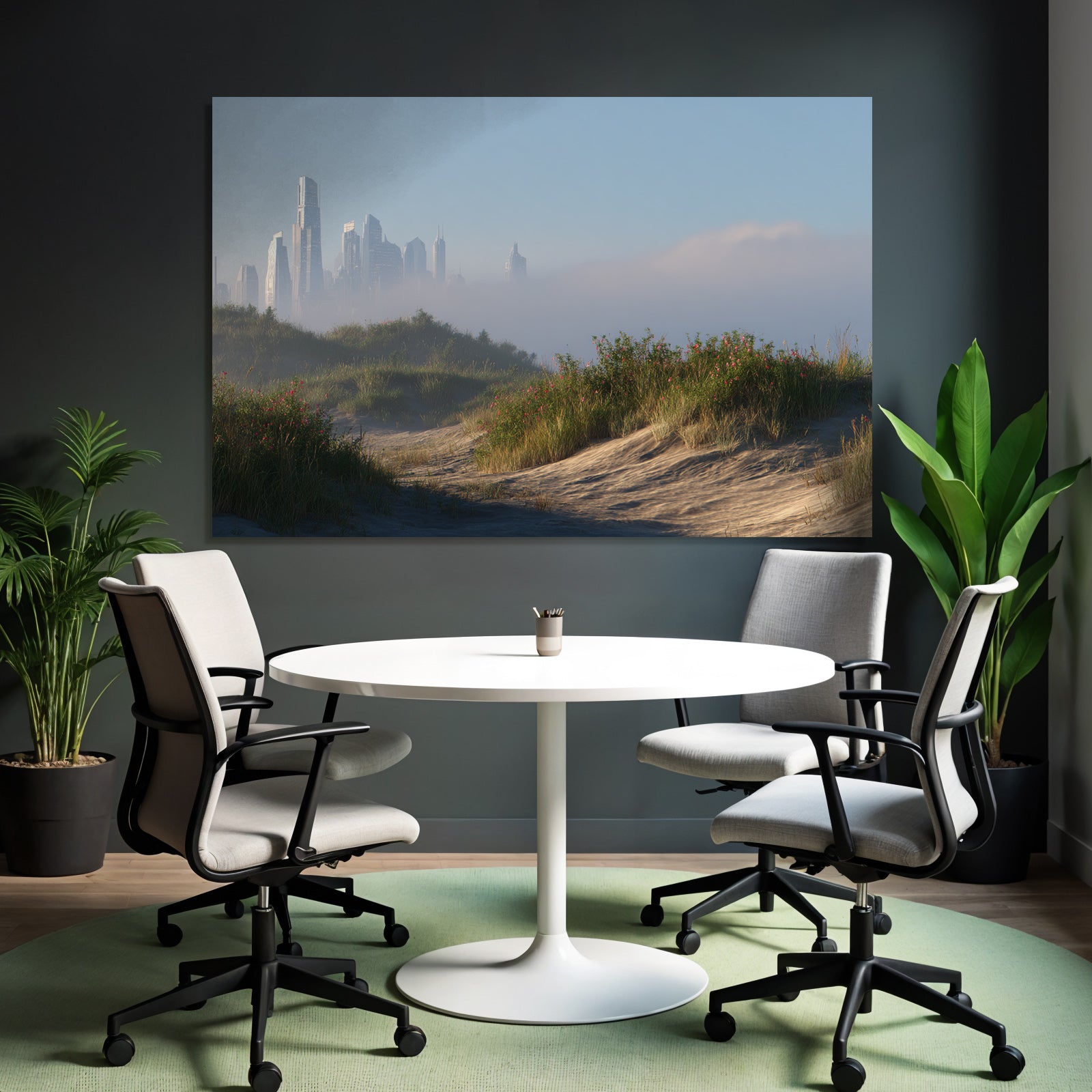 Ruhige Landschaft Sanddünen Und Futuristische Stadt Skyline | Duenen und Heide | Landschaften