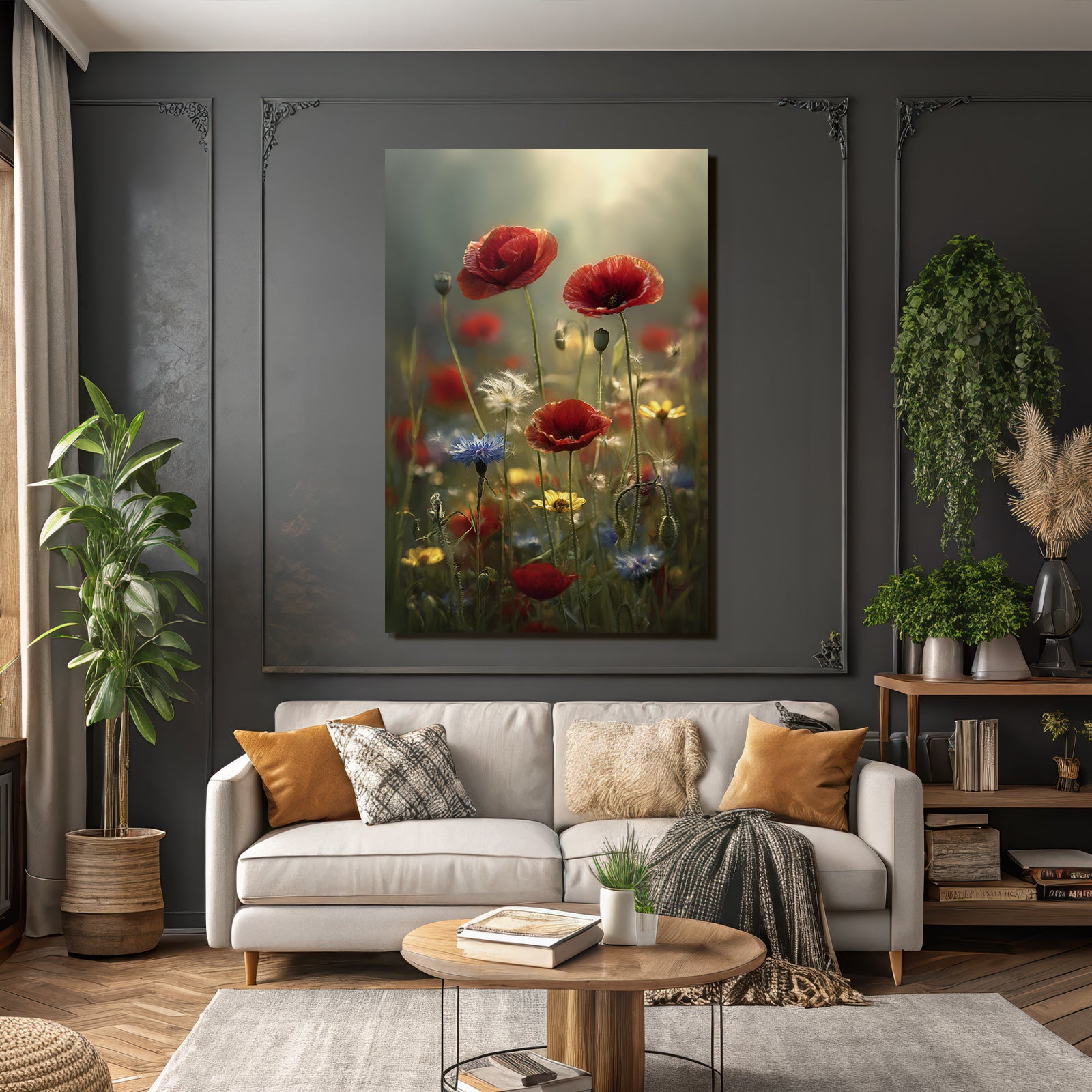 Leuchtendes Feld Mit Roten Mohn Und Blaün Gelben Blüten