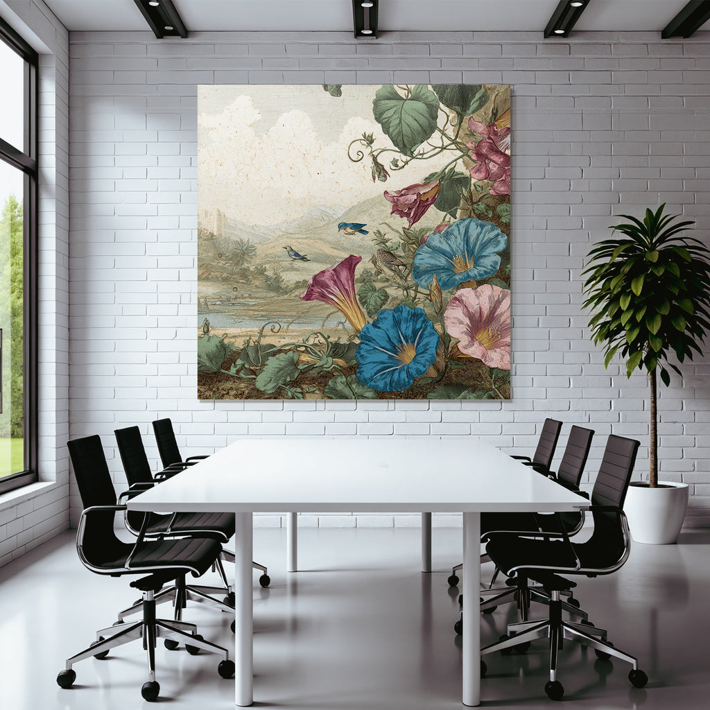Rosa Und Blaü Prunkwinden Mit Vögeln In Botanischer Landschaft