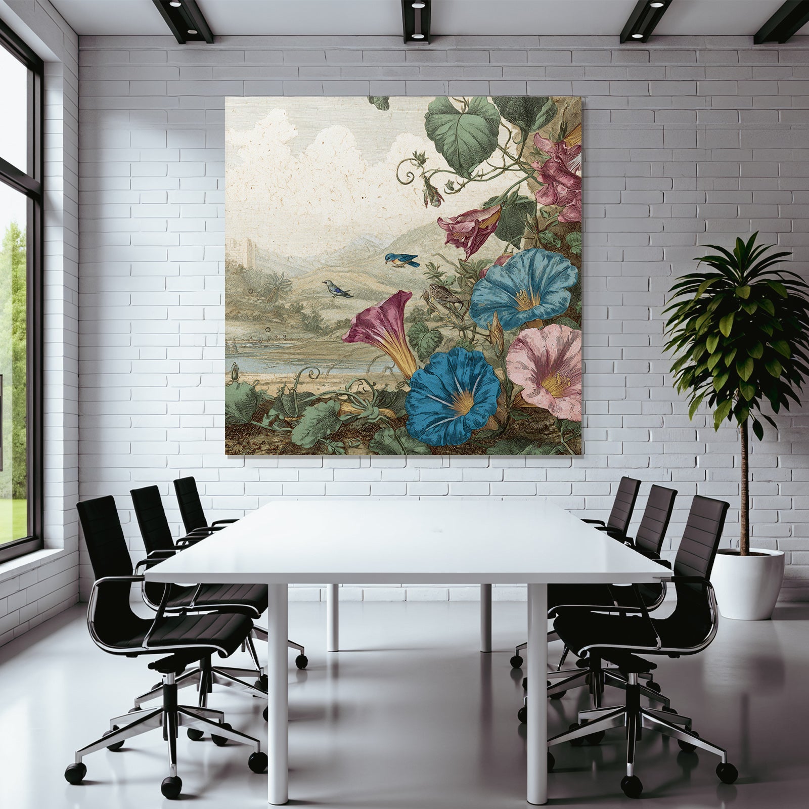 Rosa Und Blaü Prunkwinden Mit Vögeln In Botanischer Landschaft