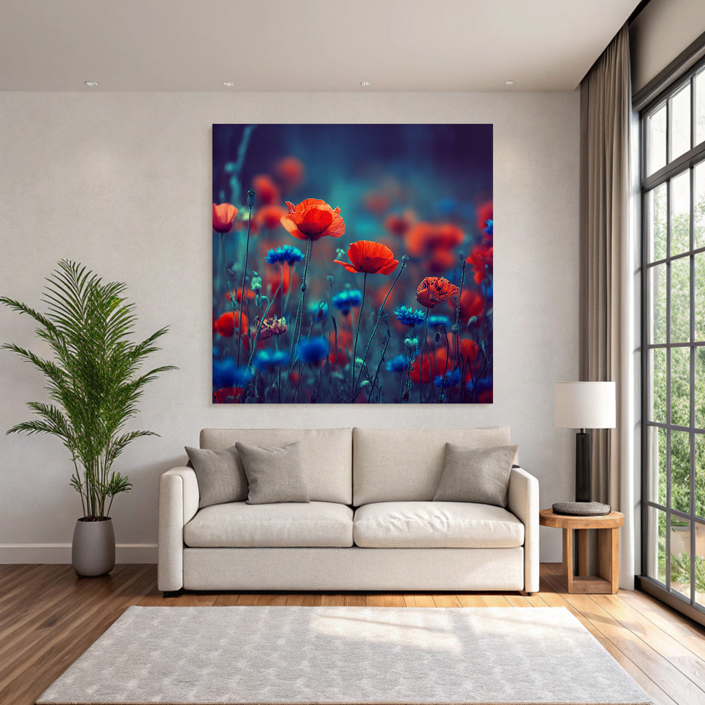 Sommerwiese Mit Roten Mohn Und Blaün Korn