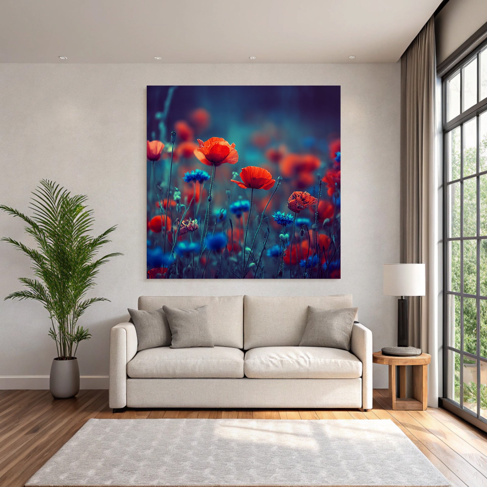 Sommerwiese Mit Roten Mohn Und Blaün Korn