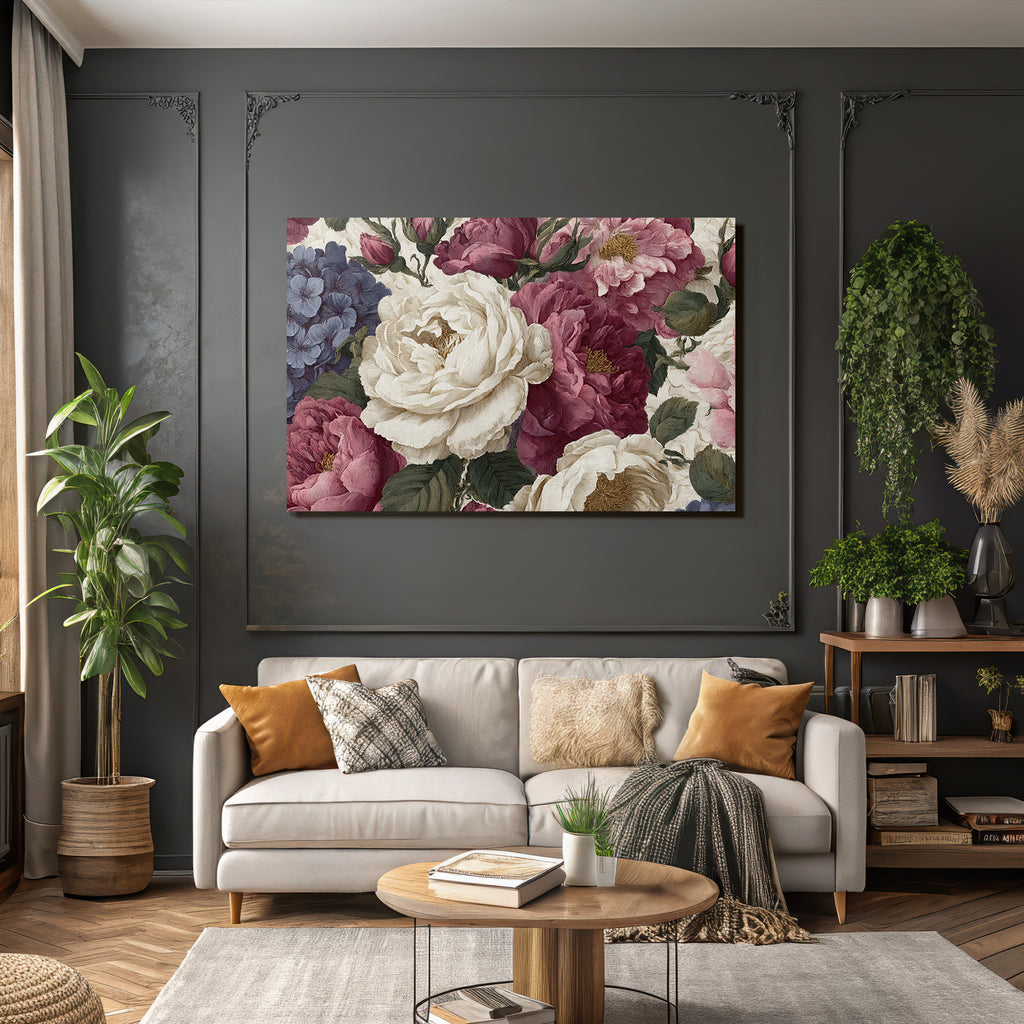 Vintage floral pattern with peonies and hydrangeas