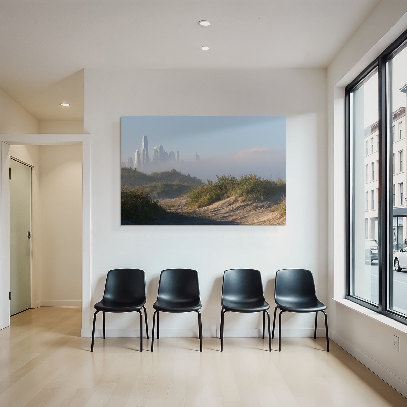 Ruhige Landschaft Sanddünen Und Futuristische Stadt Skyline | Duenen und Heide | Landschaften