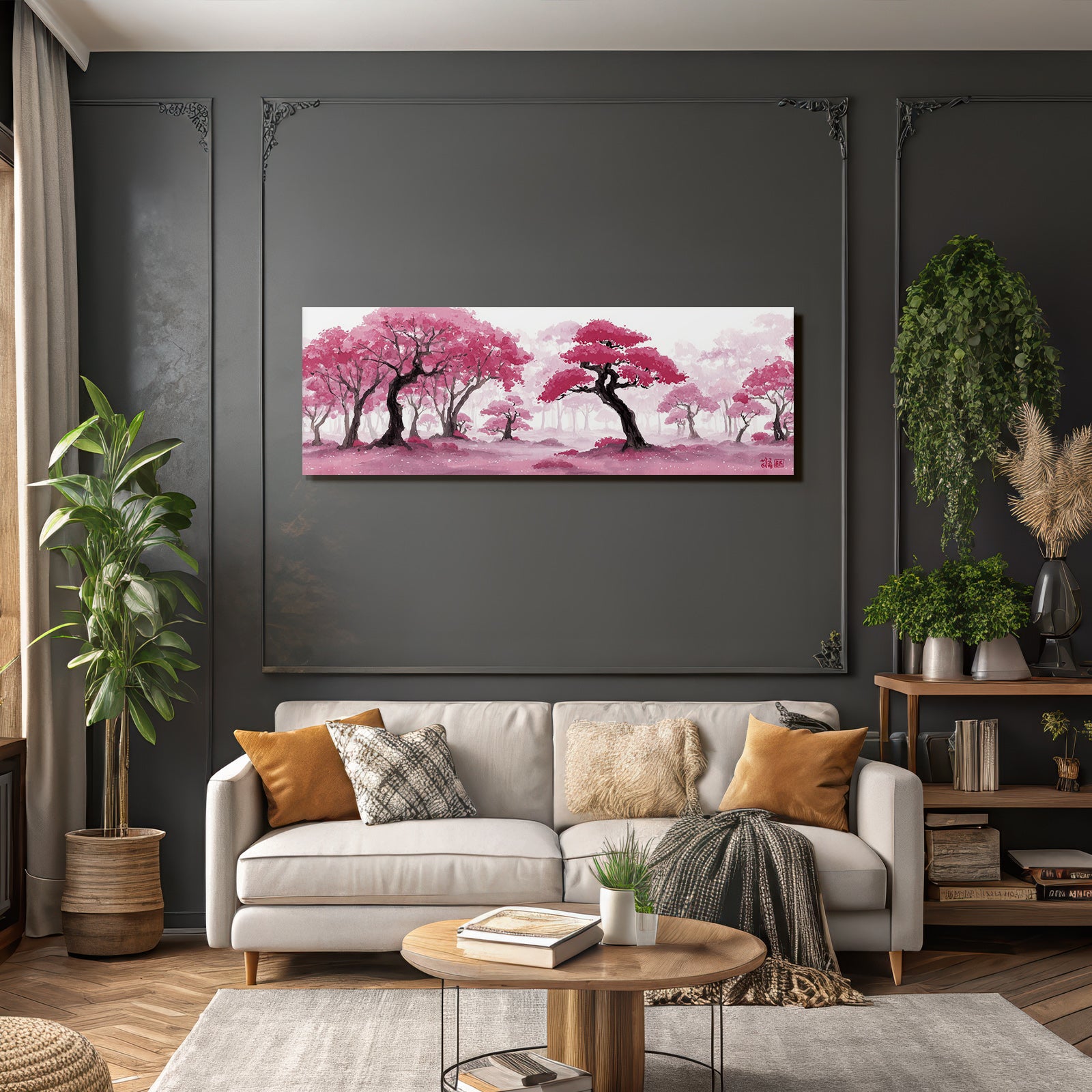 Traumhafte Waldlandschaft Mit Rosa Bäumen Und Wasserfarbeffekt