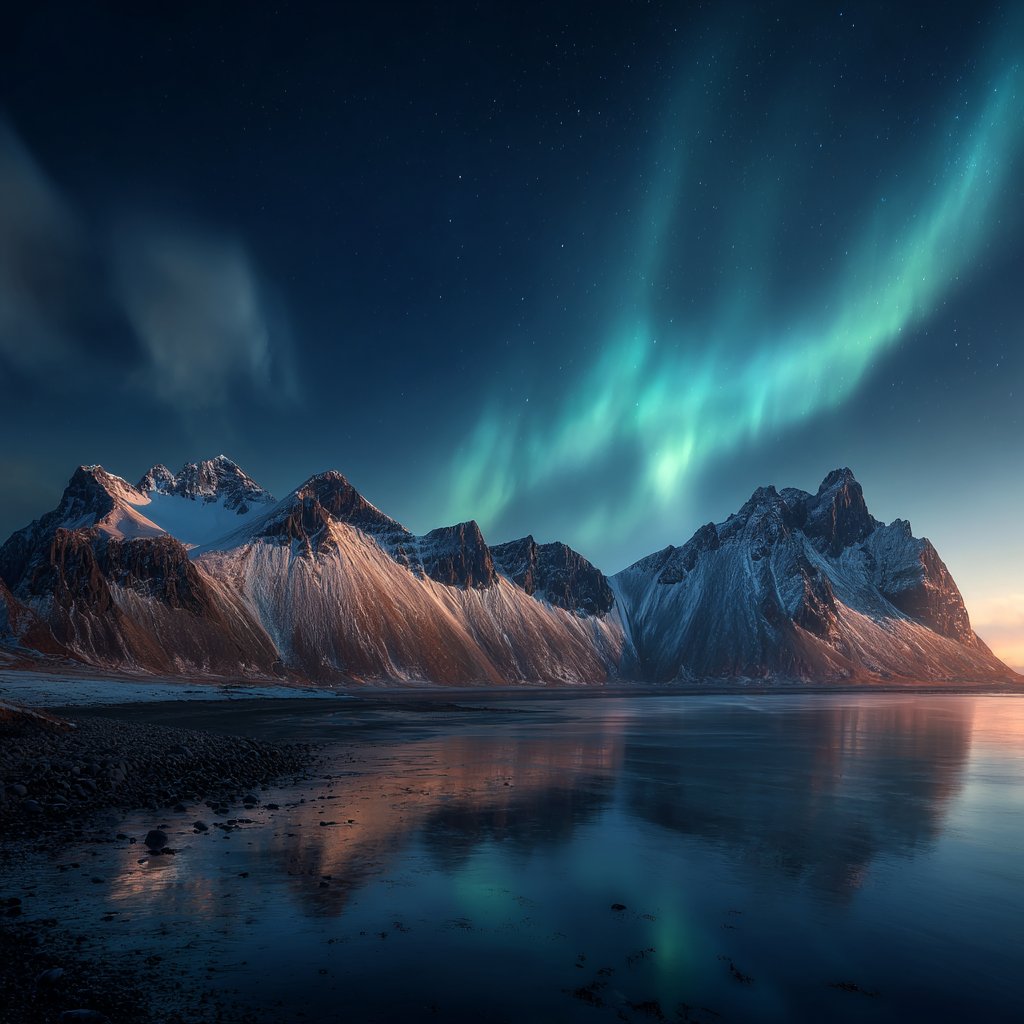 Polarlicht Abendliche Aurora Borealis Mit Schneebedeckten Bergen Und Reflektion In See | Fjorde und Gletscher | Landschaften