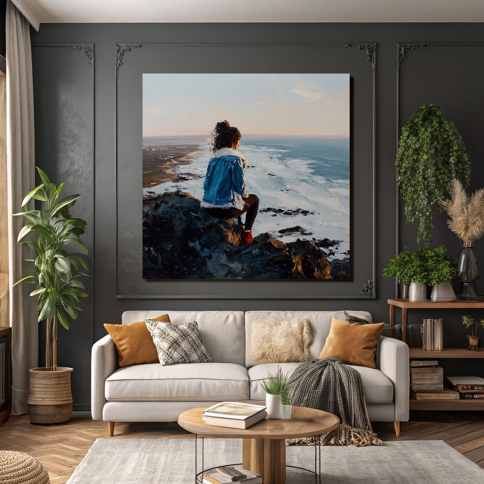 Yoga Meditation Person Mit Blaür Jacke Am Ozean Beim Sonnenuntergang Impressionistisch | Yoga und Meditation | Themen und Hobbys