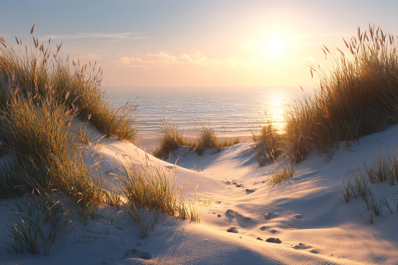 Ruhiger Strand Bei Sonnenuntergang Mit Fussabdrücken Im Sand | Duenen und Heide | Landschaften