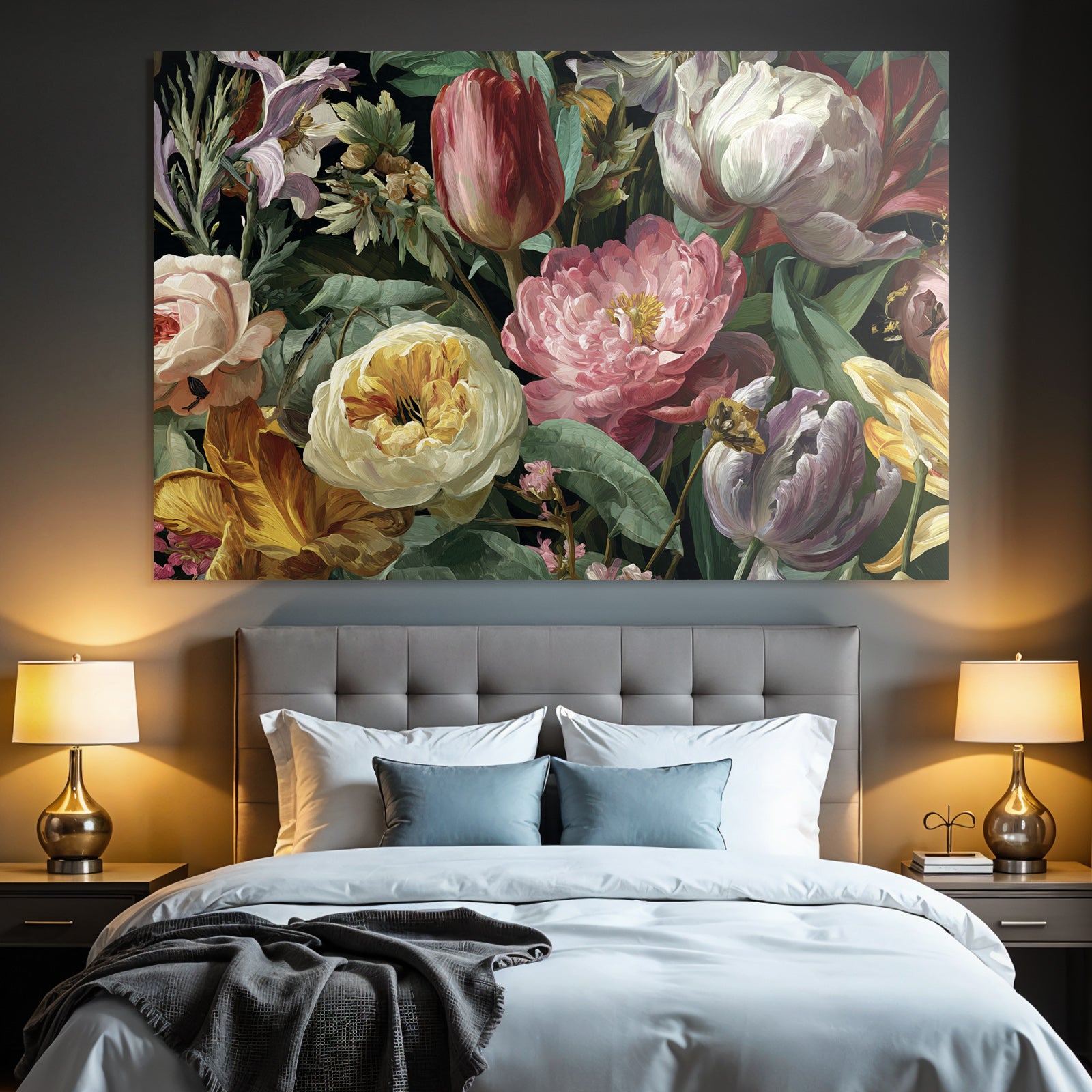 Üppiger Bunter Strauss Mit Rosen Tulpen Pfingstrosen Und Blattwerk Vor Dunklem Hintergrund